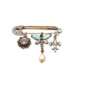 Vintage Glitzy Safety Pin Brooch with Charms Dragonfly Fleur-De-Lis & Pearl